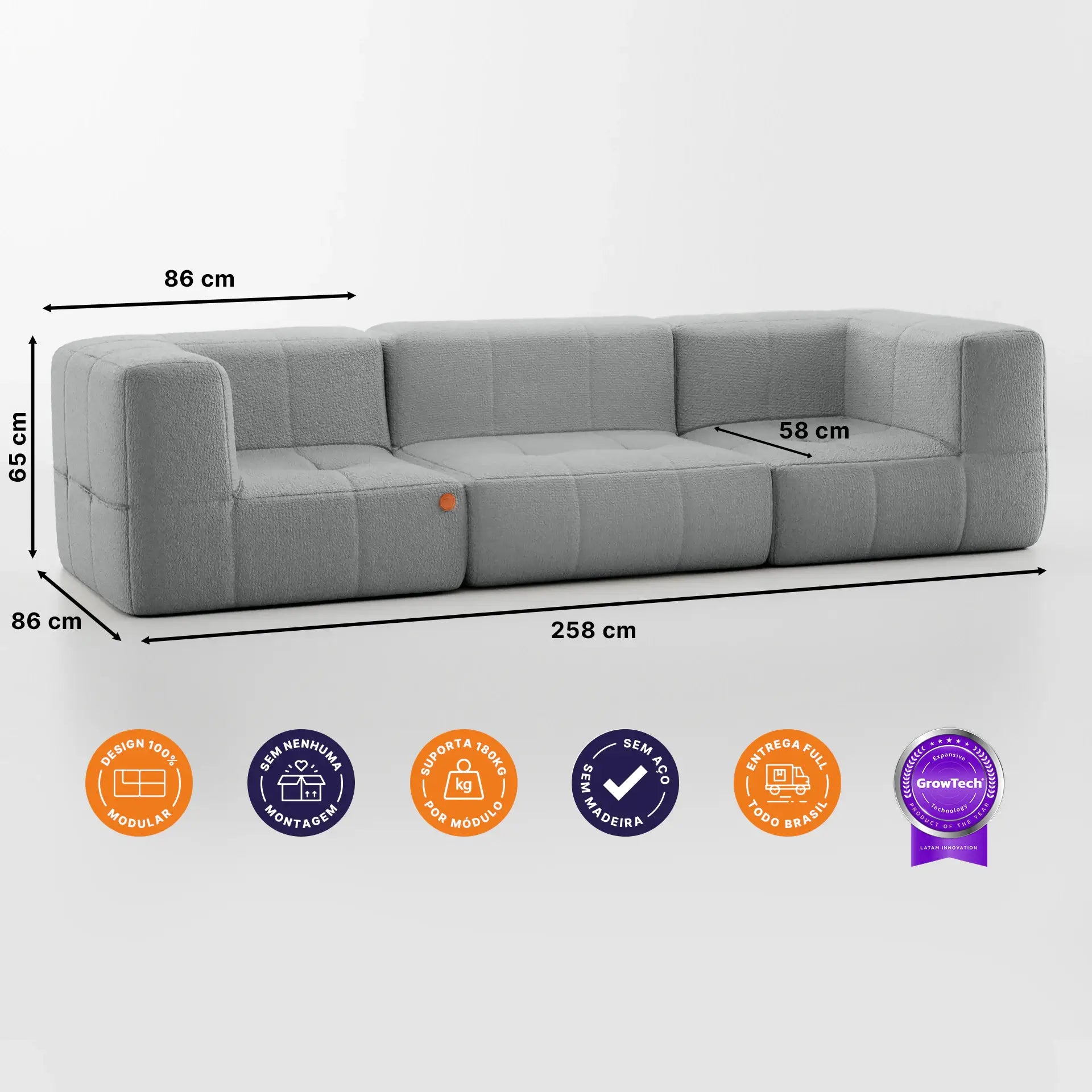 Sofá na Caixa modular 3 lugares em Boucle - Cinza