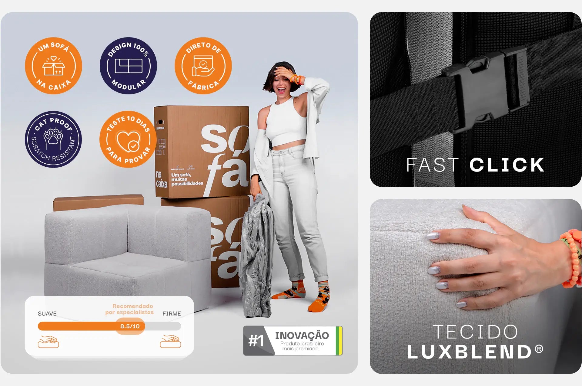 Sofá na Caixa modular 3 lugares em Boucle - Cinza